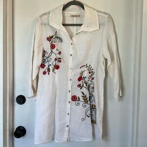 Caite for Athleta Embroidered linen top tunic button down white large